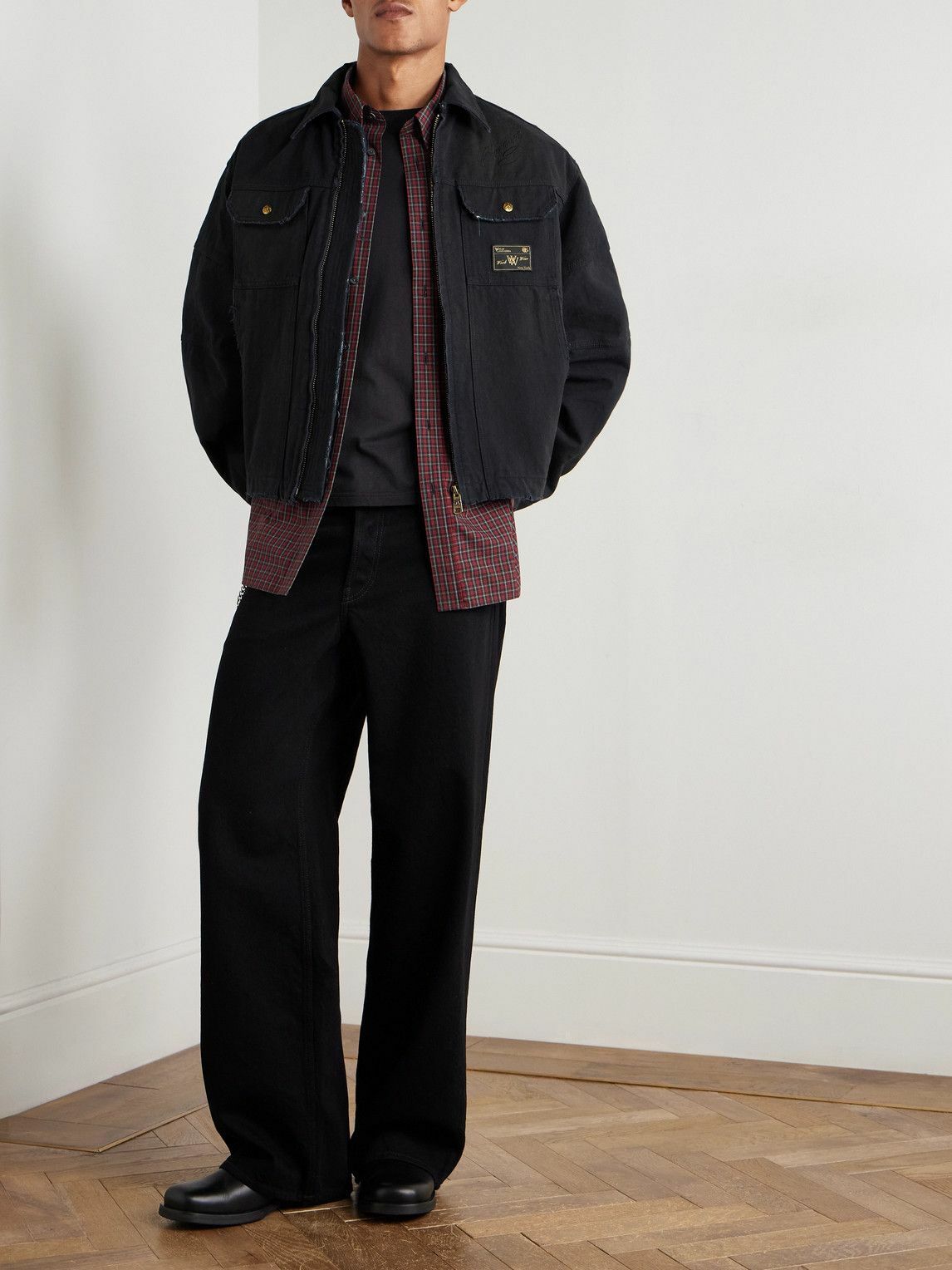 Willy Chavarria - Stockton Cropped Logo-Detailed Distressed Denim Jacket - Black