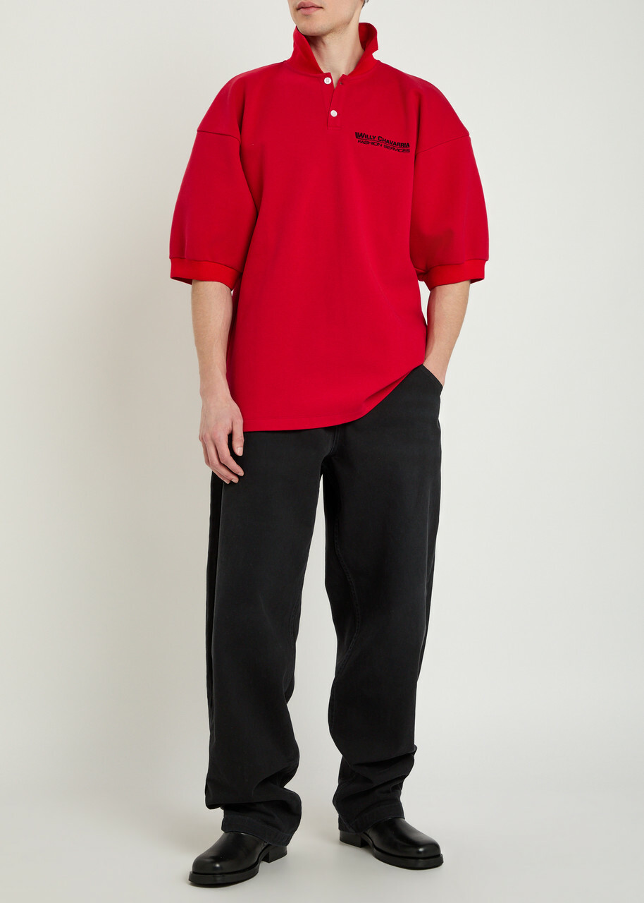 Willy Chavarria Football Logo-embroidered Piqué Cotton Polo Shirt Red
