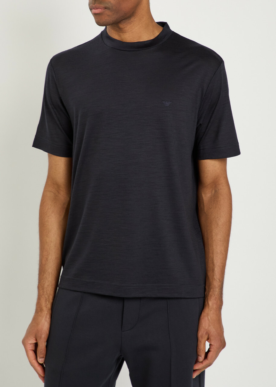 Emporio Armani Logo-embroidered Wool T-shirt Navy