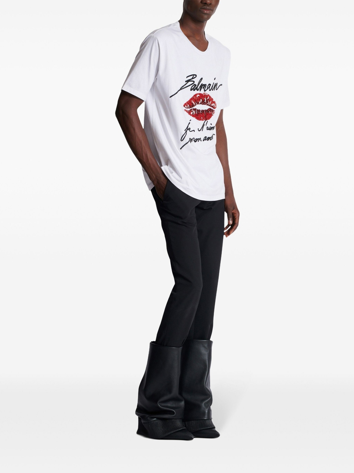 Balmain & Lips Embroid T-Shirt - Reg Fit in White