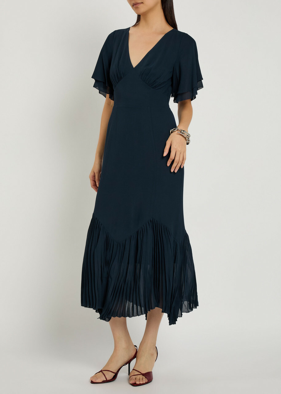 Reformation Salvia Flutter-sleeve Chiffon Midi Dress Navy