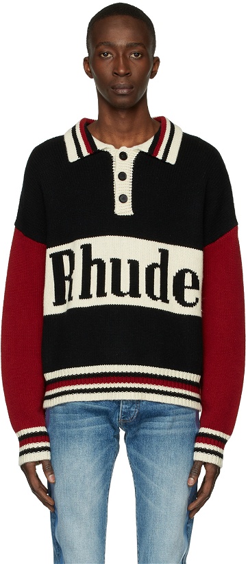 Photo: Rhude Black & Red Knit Logo Rugby Polo