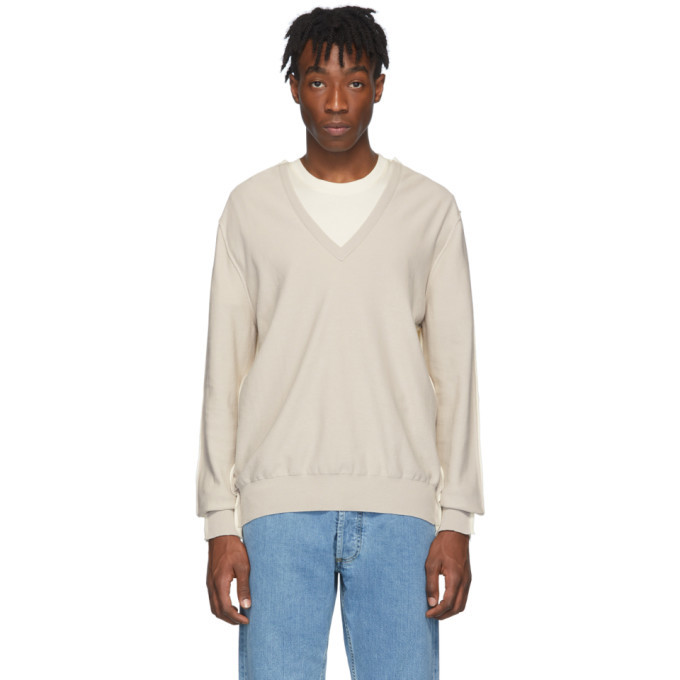 Maison Margiela Beige and Off-White Spliced V-Neck Sweater Maison