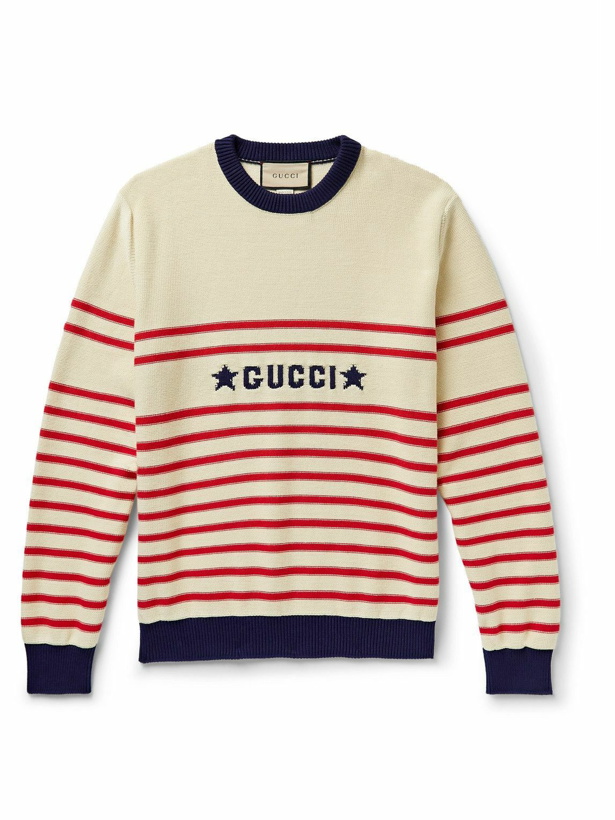 Photo: GUCCI - Logo-Jacquard Striped Cotton Sweater - Neutrals