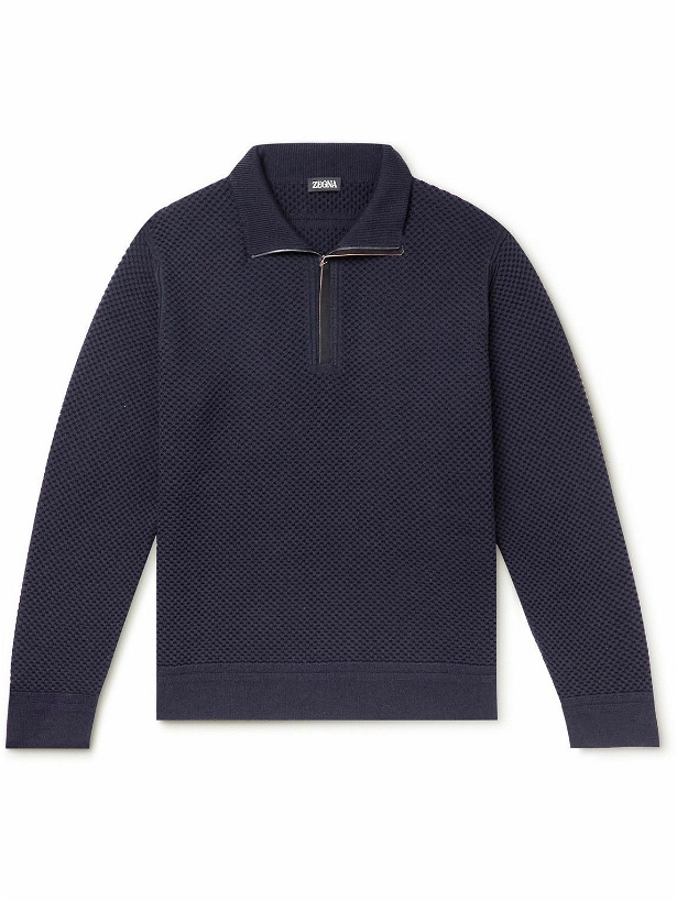 Photo: Zegna - Leather-Trimmed Waffle-Knit Wool and Cashmere Half-Zip Sweater - Blue