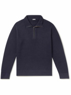 Zegna - Leather-Trimmed Waffle-Knit Wool and Cashmere Half-Zip Sweater - Blue