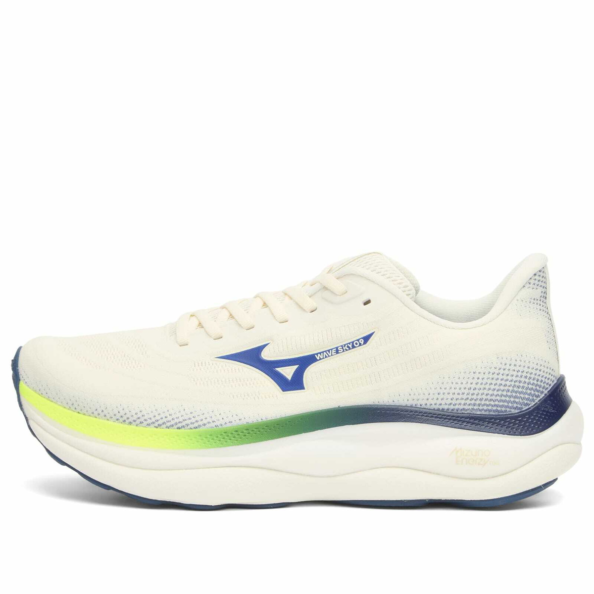Mizuno Men's Running Wave Sky 9 Sneaker in Snow White/Surf The Web/Lightning Yellow