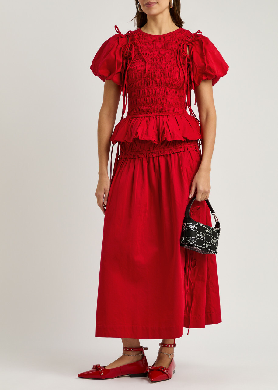 Damson Madder Charlotte Gathered Cotton Midi Skirt Red