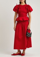 Damson Madder Charlotte Gathered Cotton Midi Skirt Red