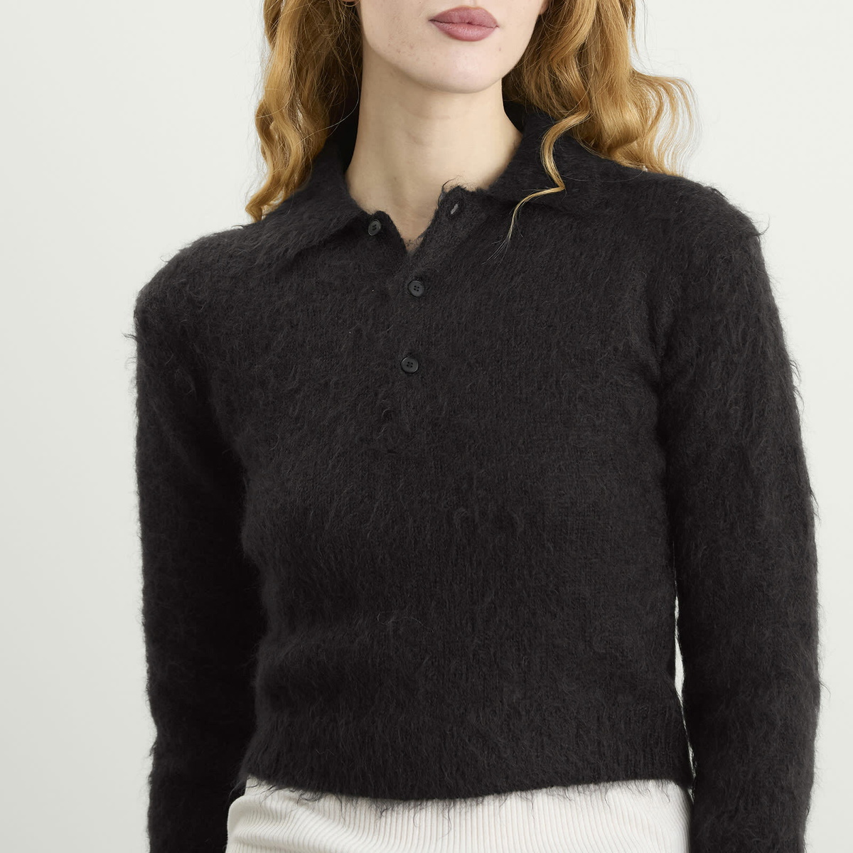 Auralee Women's Mohair Knit Polo in Ink Black