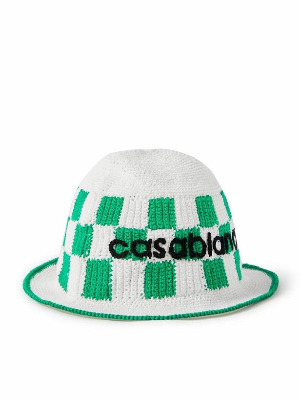 Photo: Casablanca - Logo-Embroidered Checked Crocheted Cotton Bucket Hat - Green