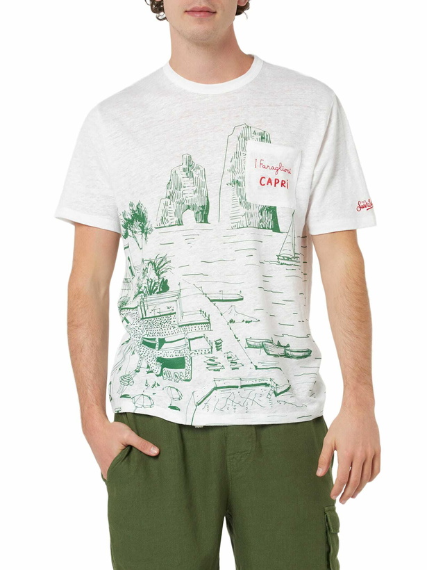 Photo: MC2 Saint Barth Man Linen Jersey T-shirt Ecstasea With Capri Placed Print And Embroidered Pocket