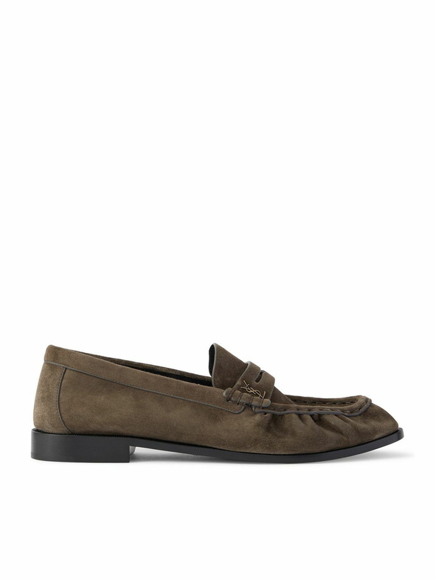 Photo: SAINT LAURENT - Le Loafer Monogram Logo-Appliquéd Suede Penny Loafers - Gray