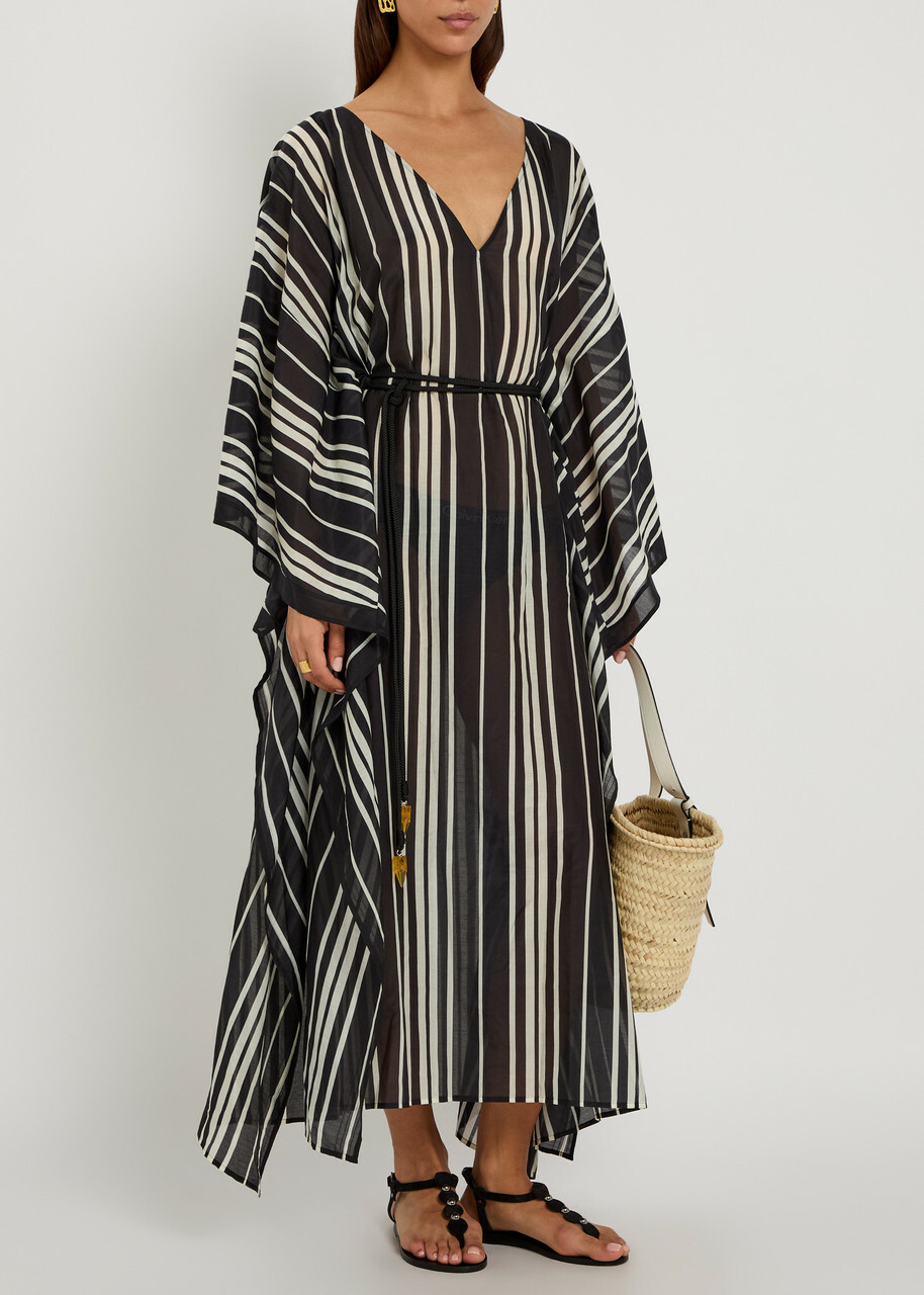 Tory Burch Striped Belted Cotton-blend Kaftan Dress Black