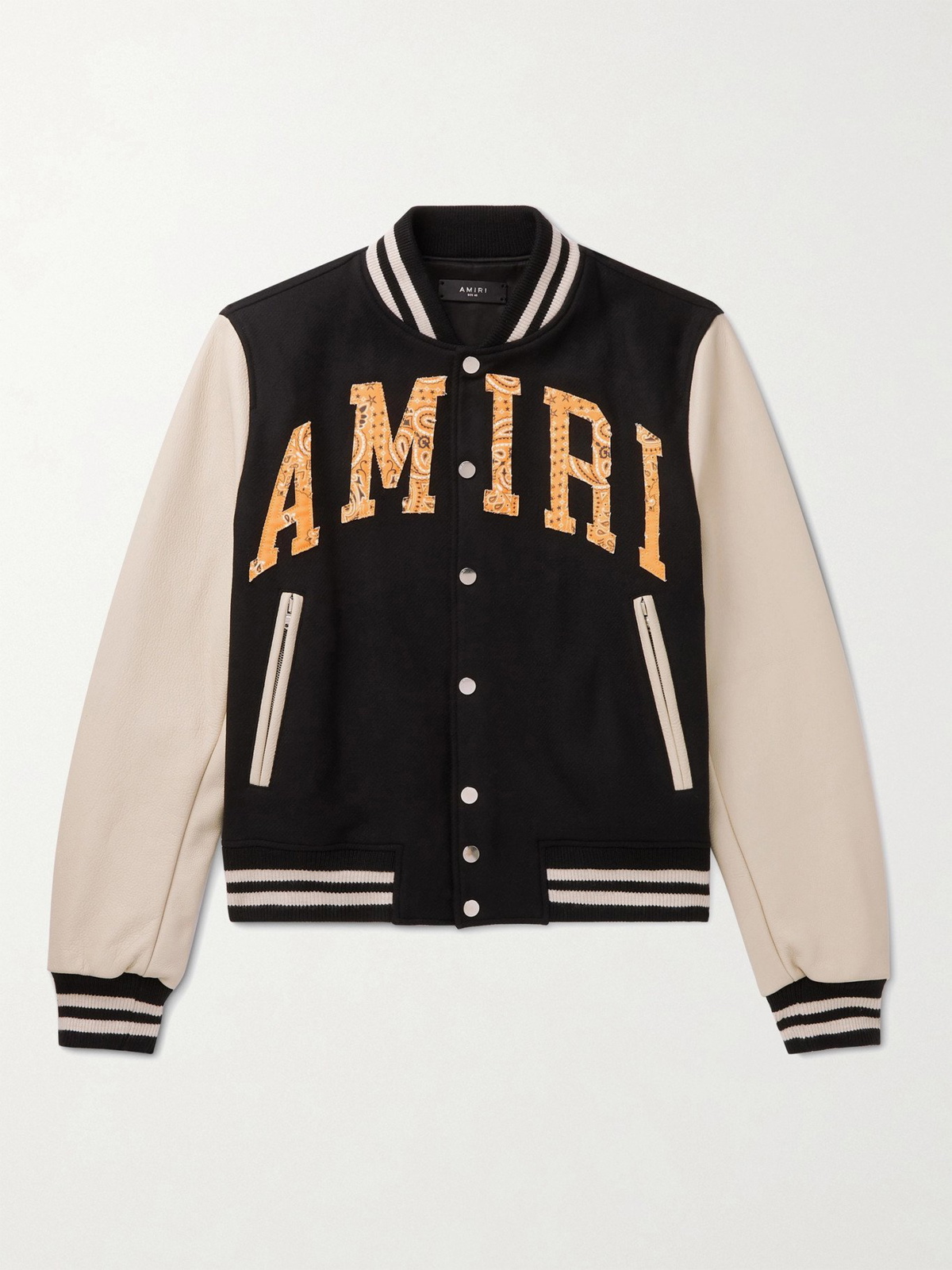 AMIRI Appliquéd Embroidered Wool-Blend and Leather Varsity Jacket