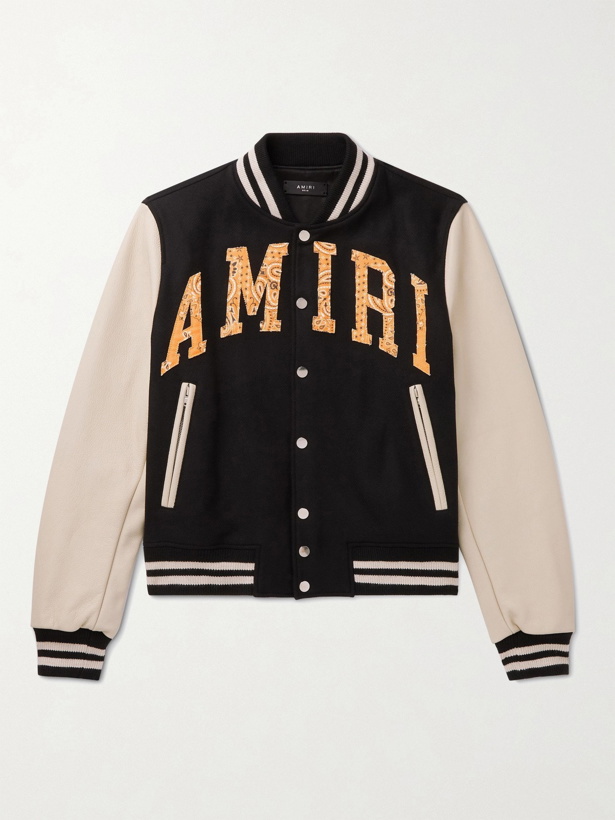 Photo: AMIRI - Logo-Appliquéd Wool-Blend and Leather Bomber Jacket - Black