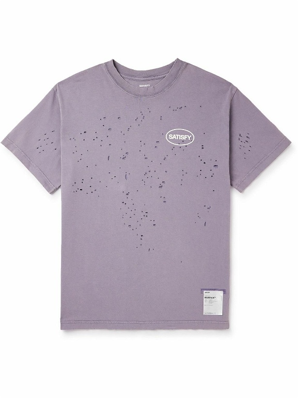 Photo: Satisfy - Distressed Logo-Print MothTech™ Cotton-Jersey T-Shirt - Purple
