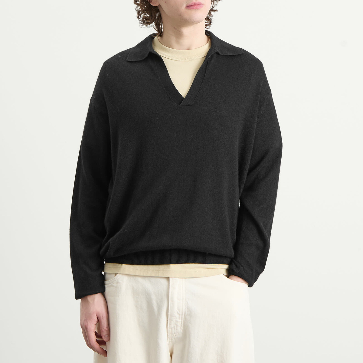 Auralee Men's Cashmere Silk Knit Skipper Polo in Black