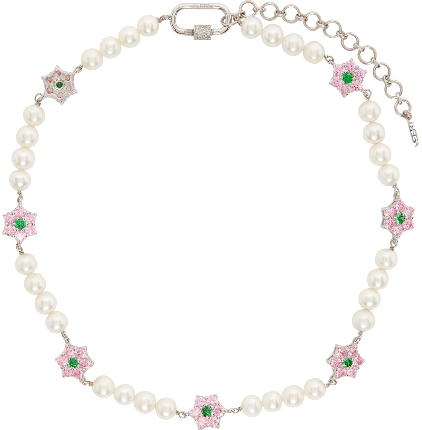 VEERT Pink & Green Flower & Pearl Necklace