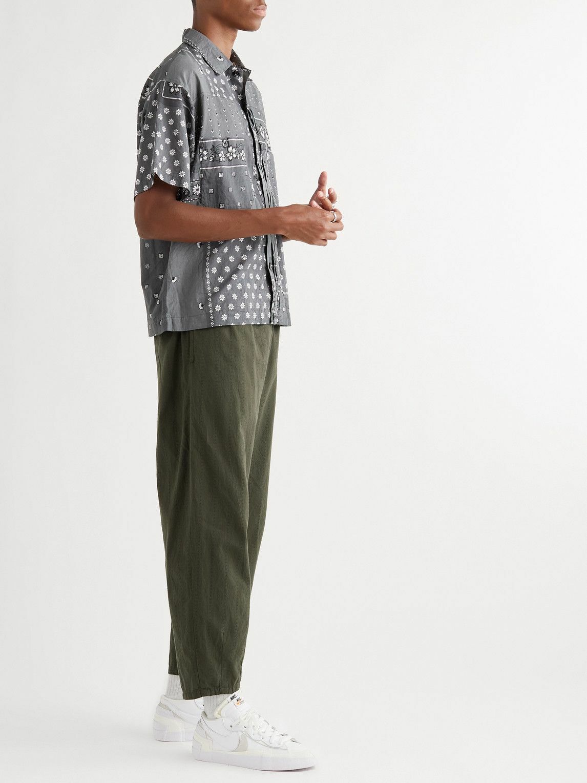 Neighborhood - Tapered Logo-Print Cotton-Dobby Trousers - Green Neighborhood