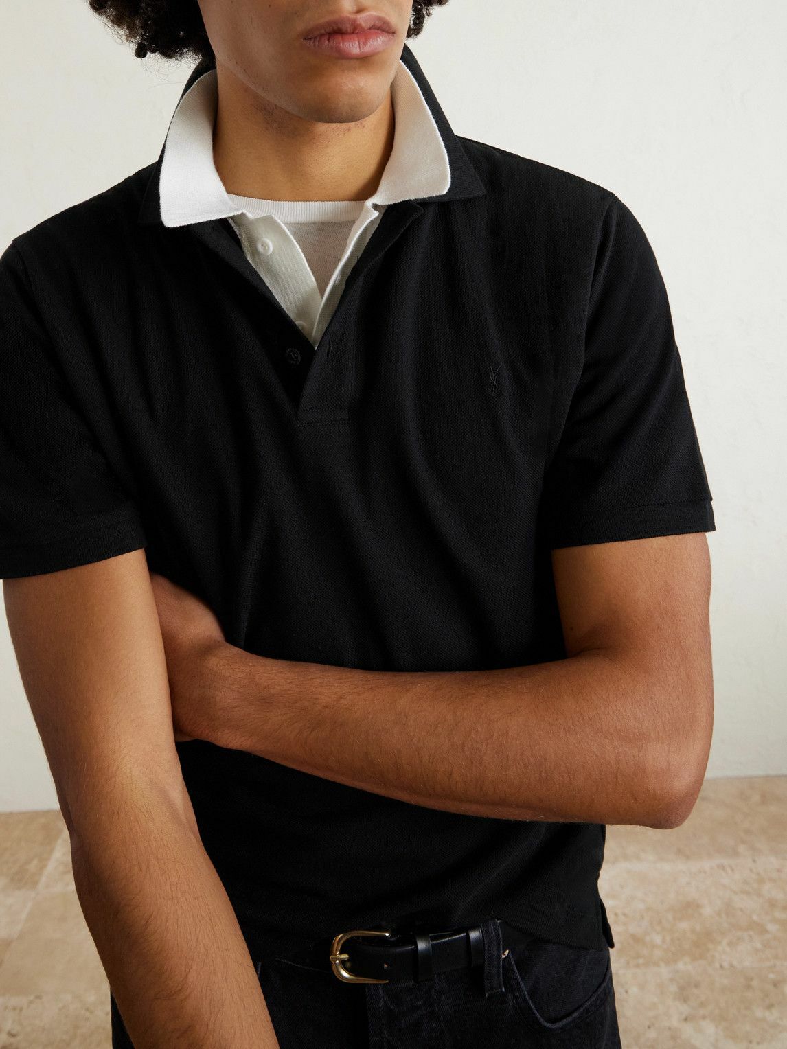 SAINT LAURENT - Logo-Embroidered Cotton-Blend Piqué Polo Shirt - Black