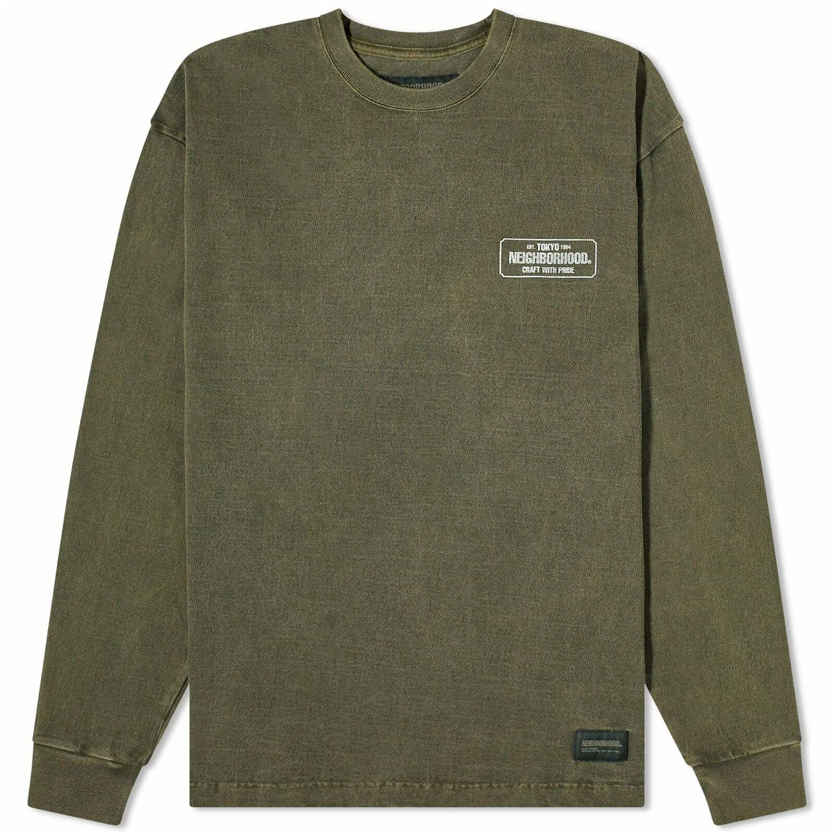 Photo: Neighborhood Men's Long Sleeve Pigment Dyed T-Shirt in Olive Drab
