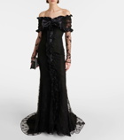Alessandra Rich Bow-detail ruffled off-shoulder lace gown