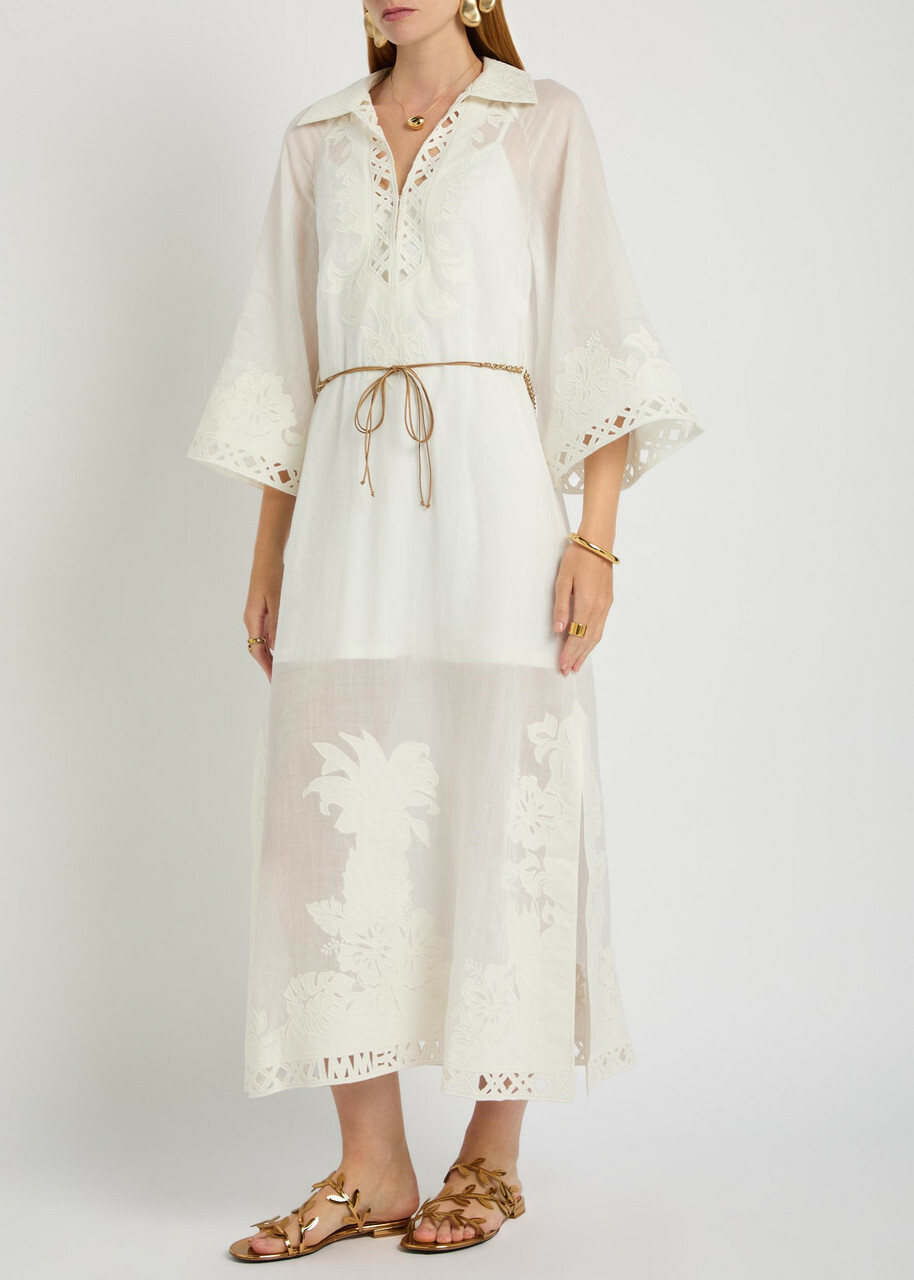 Zimmermann Indra Embroidered Belted Ramie Maxi Dress Ivory