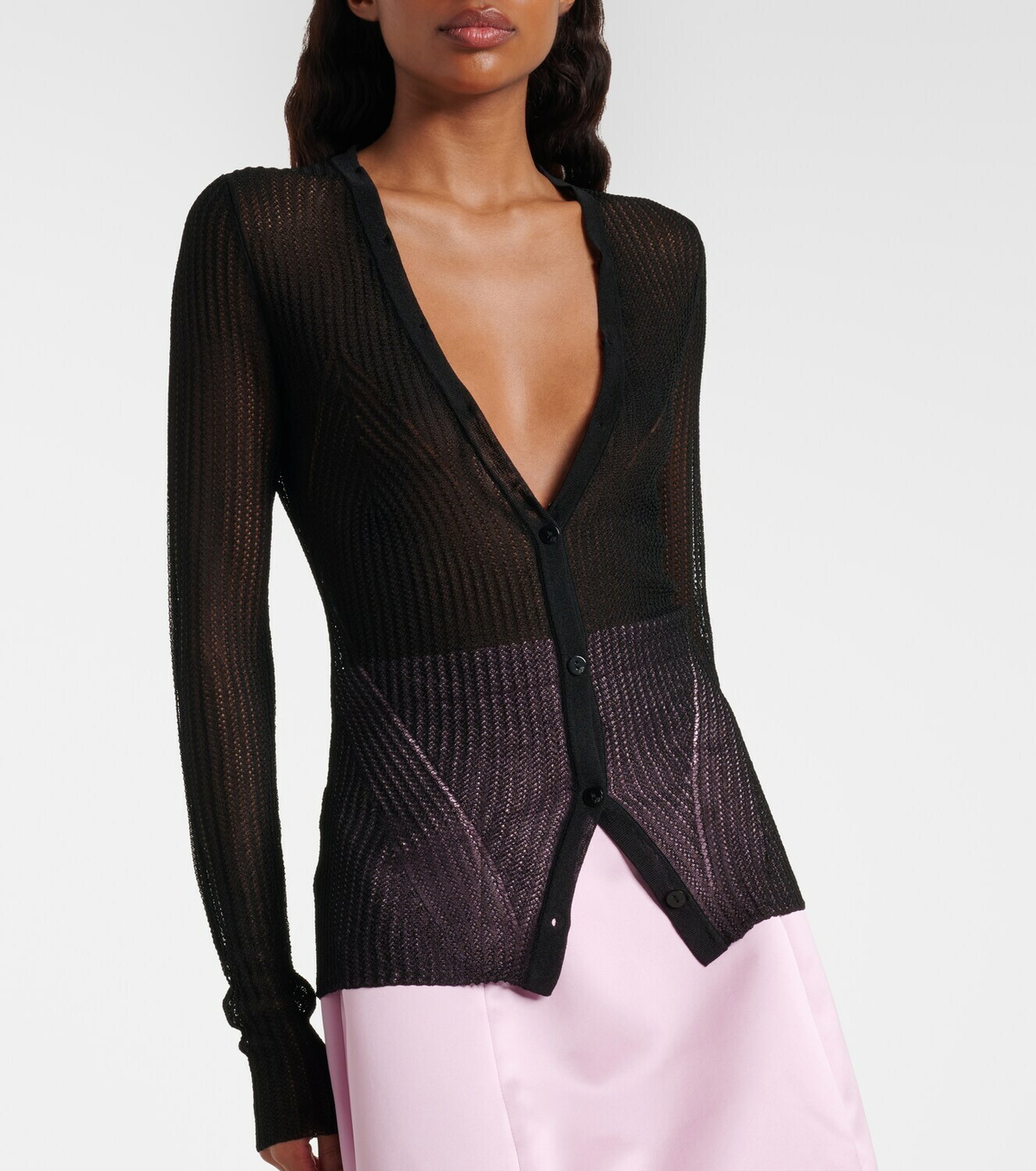 Blumarine Feather-trimmed ribbed-knit cardigan