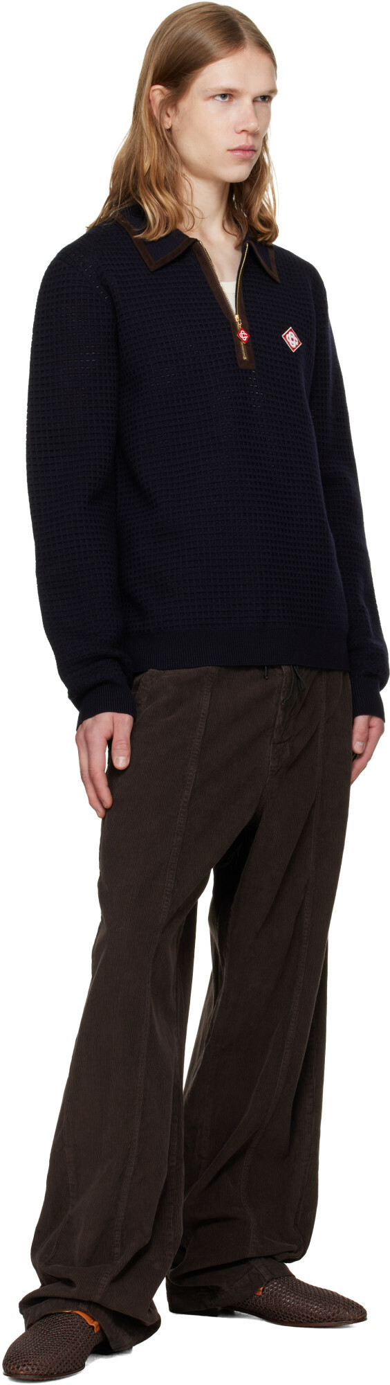 Casablanca Navy Wool Waffle Stitch Long Sleeve Polo