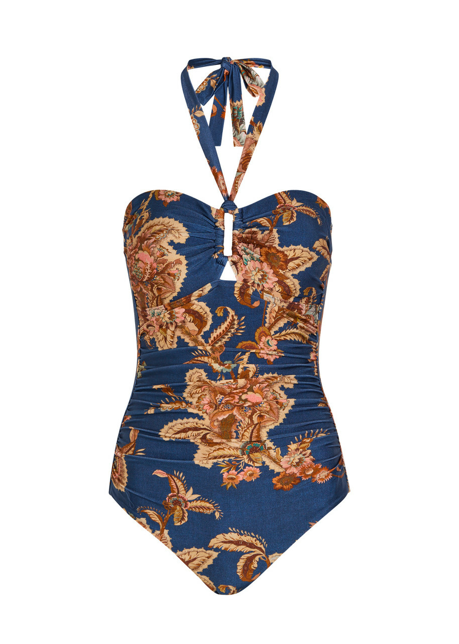 Zimmermann Aster Printed Halterneck Stretch-polyamide Swimsuit Navy