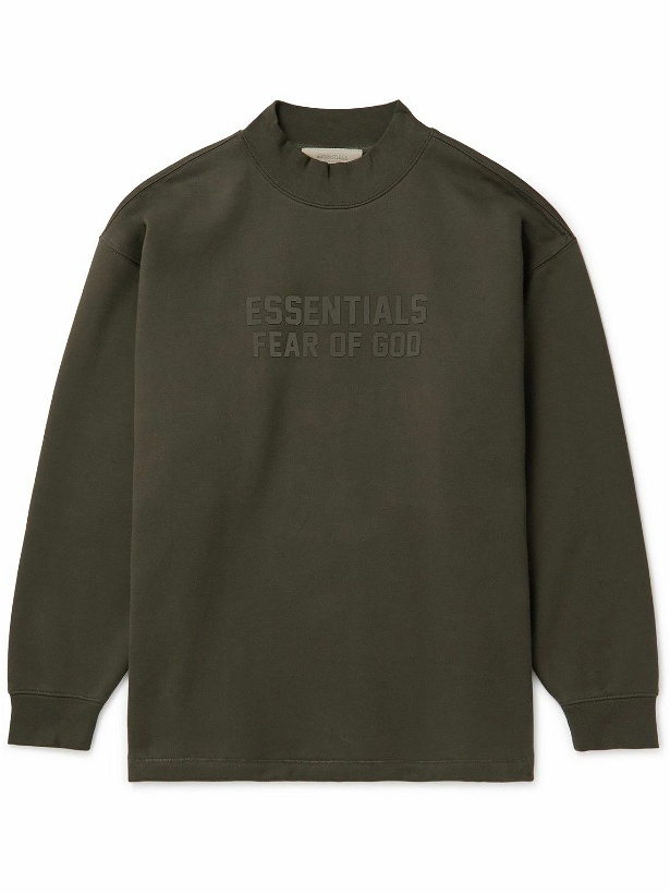 Photo: FEAR OF GOD ESSENTIALS - Logo-Appliquéd Cotton-Blend Jersey Mock-Neck Sweatshirt - Green