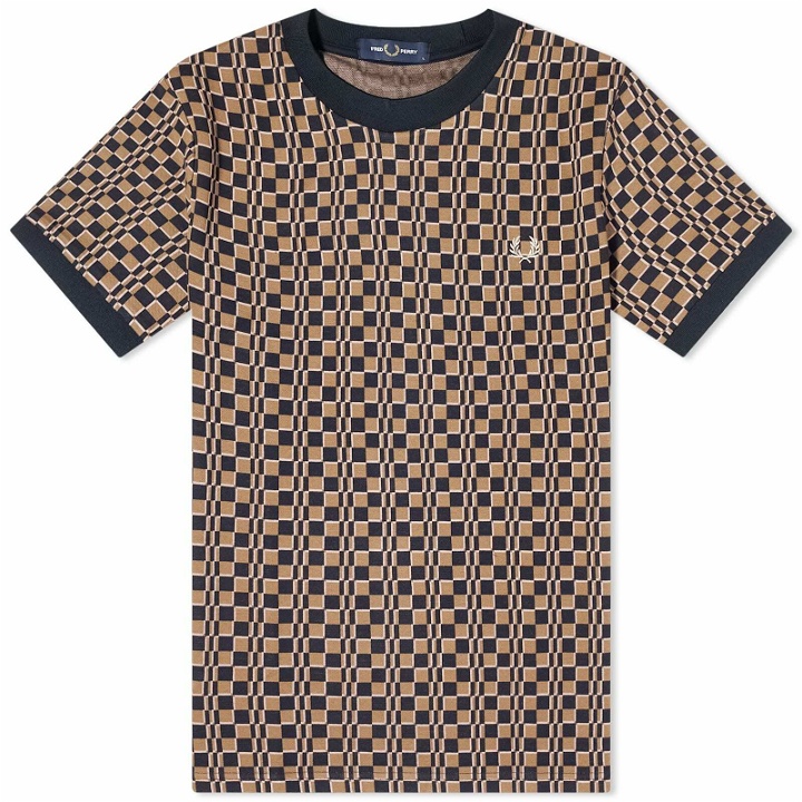 Photo: Fred Perry Men's Glitch Chequerboard T-Shirt in Shaded Stone/Navy
