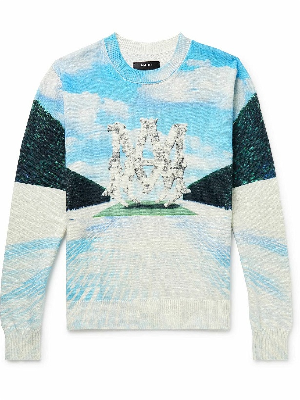 Photo: AMIRI - Printed Cotton and Cashmere-Blend Sweater - Blue