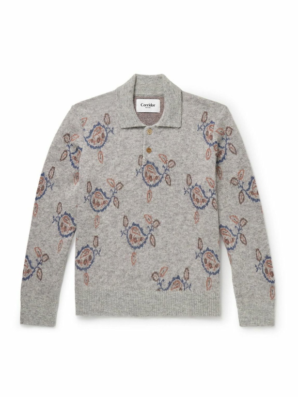 Photo: Corridor - Maya Jacquard-Knit Baby Alpaca-Blend Polo Sweater - Gray