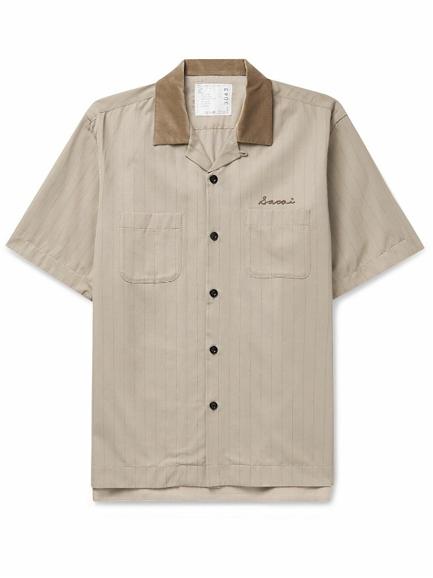 Photo: Sacai - Camp-Collar Logo-Embroidered Striped Woven Shirt - Neutrals
