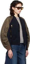 sacai Green & Navy Nylon Twill Knit Cardigan
