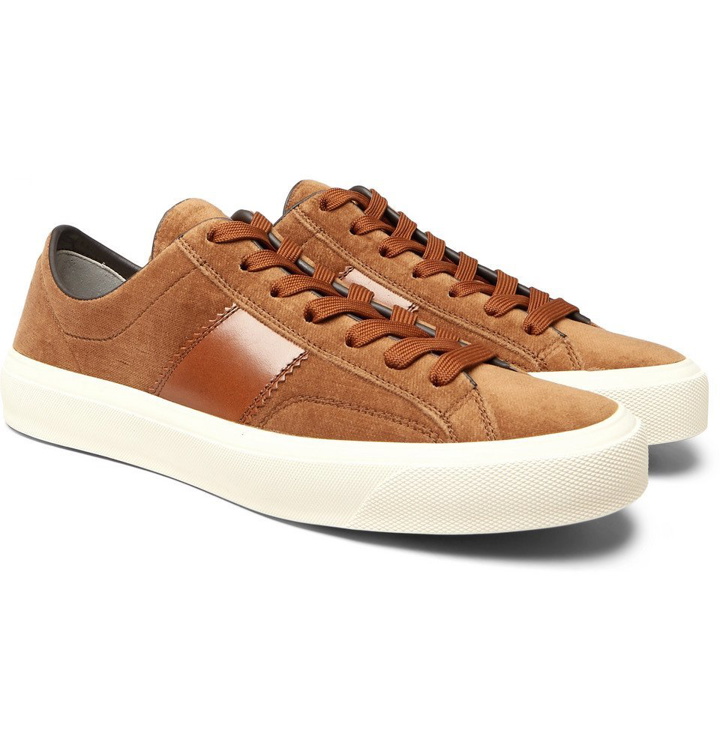 Photo: TOM FORD - Cambridge Leather-Trimmed Velvet Sneakers - Men - Tan