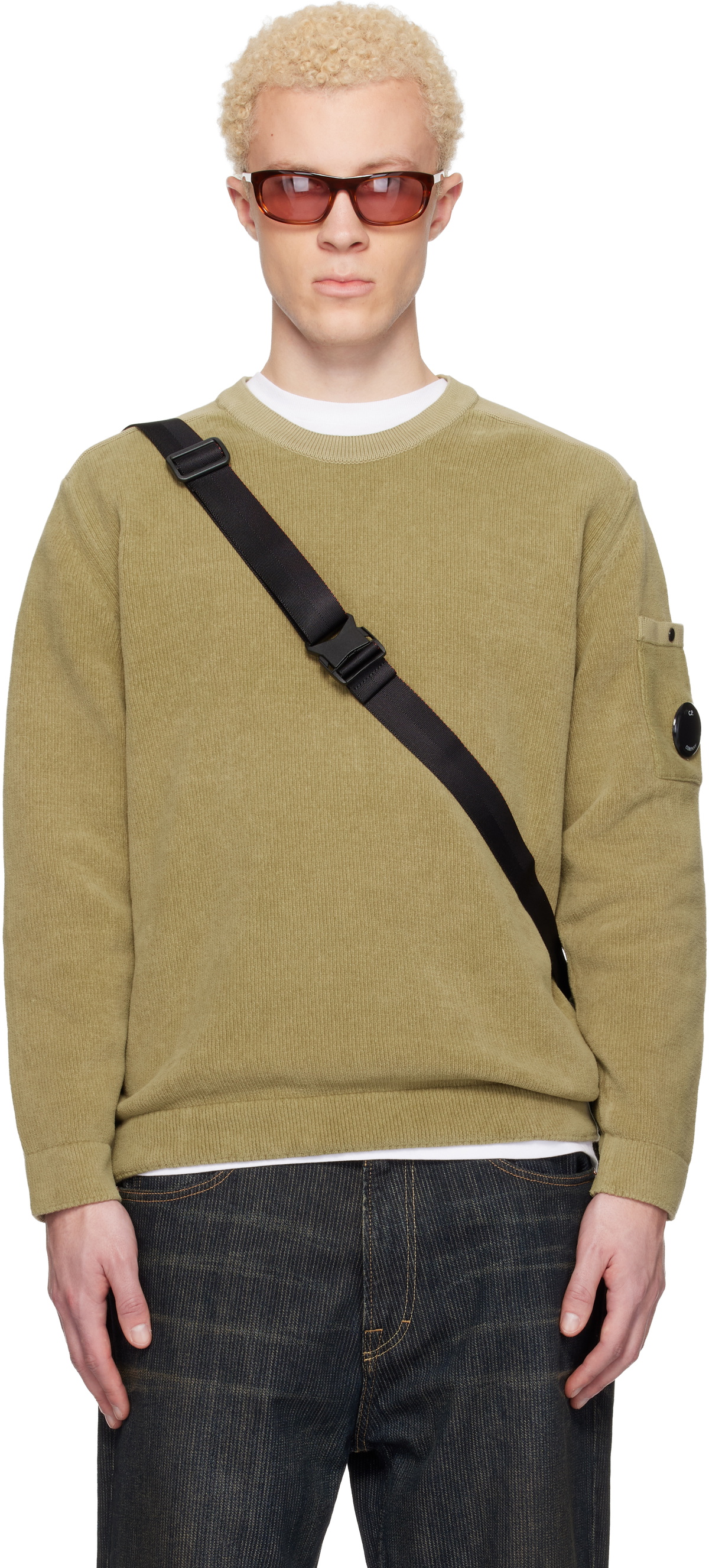 C.P. Company Beige Cotton Chenille Crewneck Lens Sweater