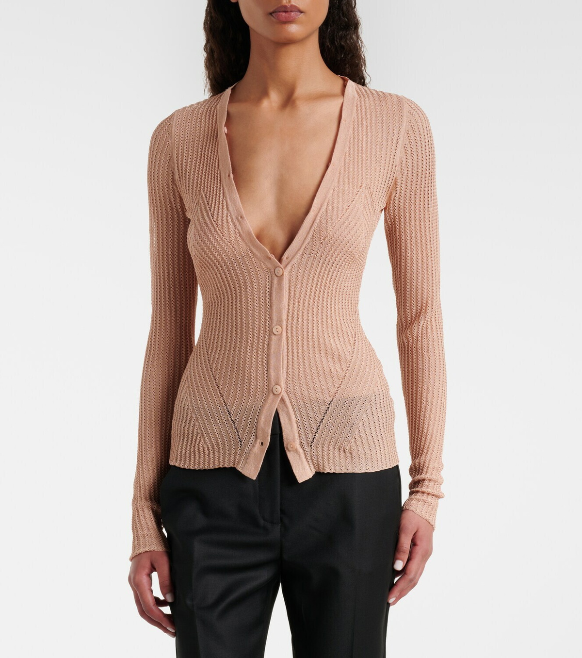 Blumarine Feather-trimmed ribbed-knit cardigan