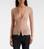Blumarine Feather-trimmed ribbed-knit cardigan
