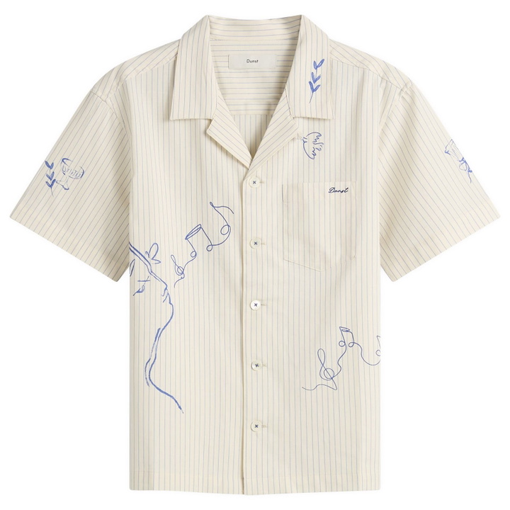 Photo: DUNST Women's Hand-Drawing Open Collared Shirt in Capri Ocean