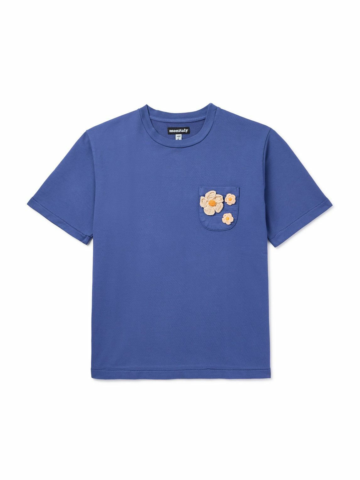Monitaly - Crochet-Trimmed Cotton-Jersey T-Shirt - Blue