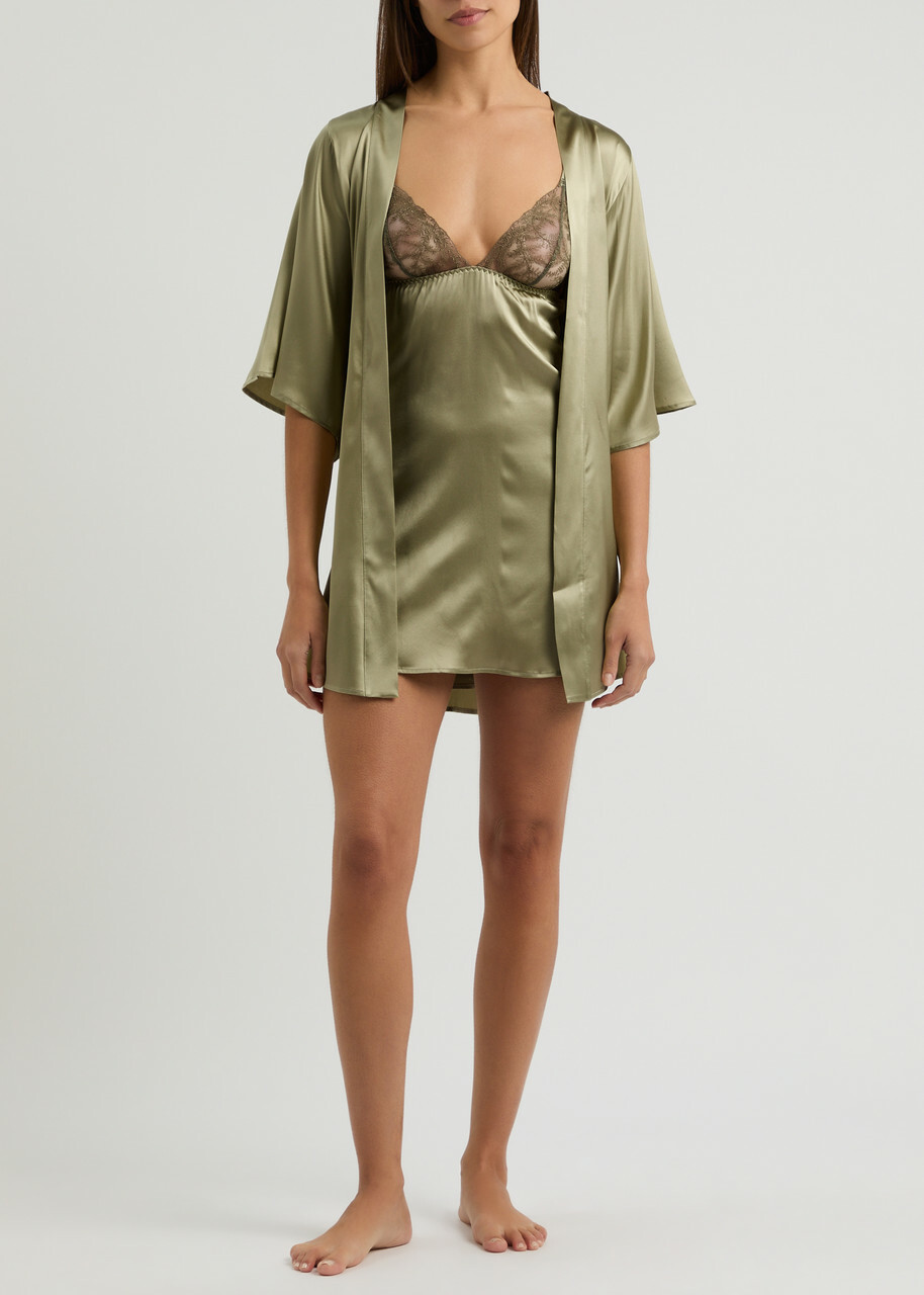 Fleur OF England Arianna Lace and Silk-blend Satin Robe Sage
