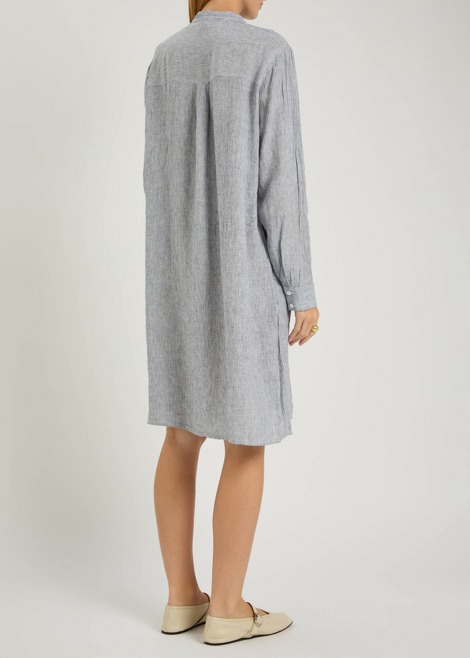 Eileen Fisher Striped Linen Midi Shirt Dress Blue