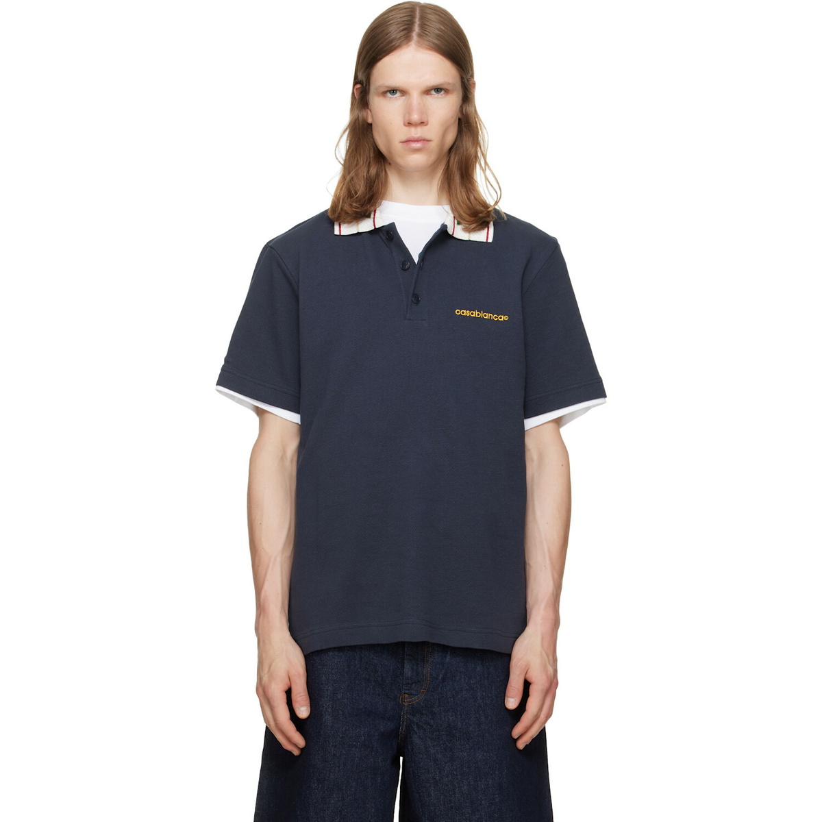 Casablanca Navy Laurel Pique Short Sleeve Polo