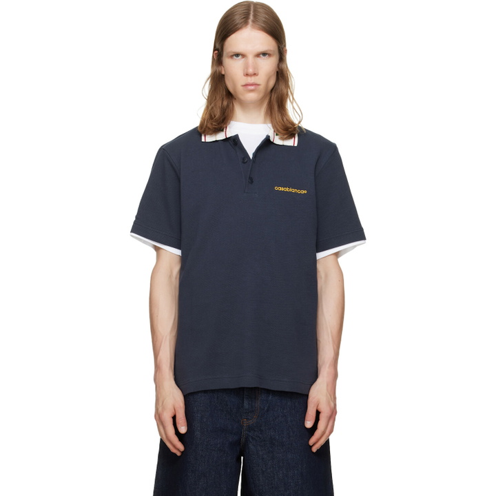 Photo: Casablanca Navy Laurel Pique Short Sleeve Polo