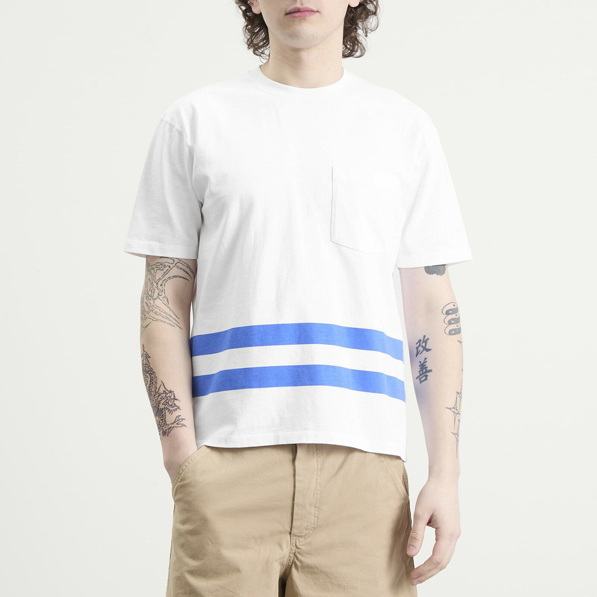 Drake's Men's Printed Stripe Pocket T-Shirt in White/Blue