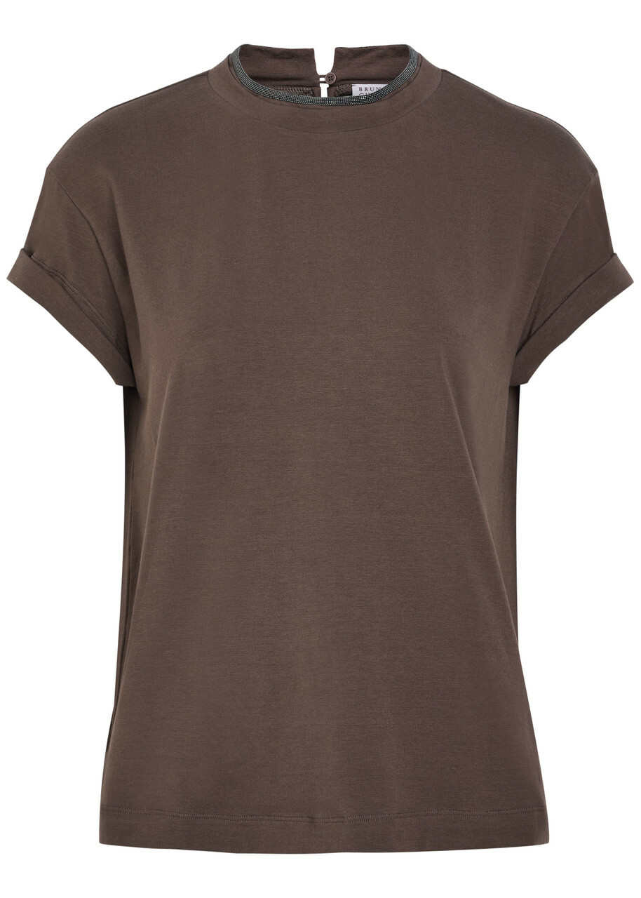 Brunello Cucinelli Crystal-embellished Stretch-cotton T-shirt Dark Brown