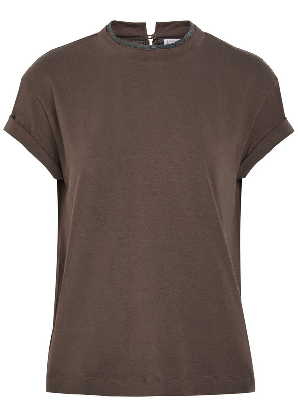 Photo: Brunello Cucinelli Crystal-embellished Stretch-cotton T-shirt Dark Brown